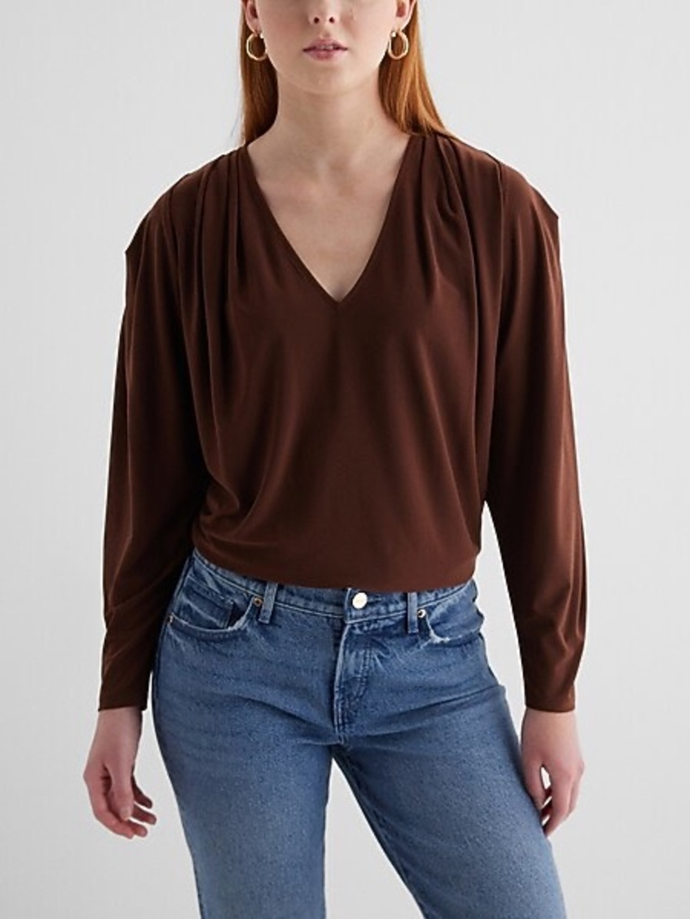 *EXPRESS* Brown V-Neck Long-Sleeve Pleated Shoulder Blouse Size Medium